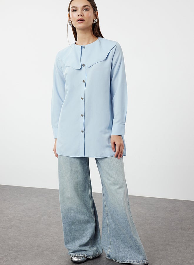 trendyol Light Blue Silver Button Detailed Baby Collar Cotton Shirt TCTAW24TG00009 - Image 1
