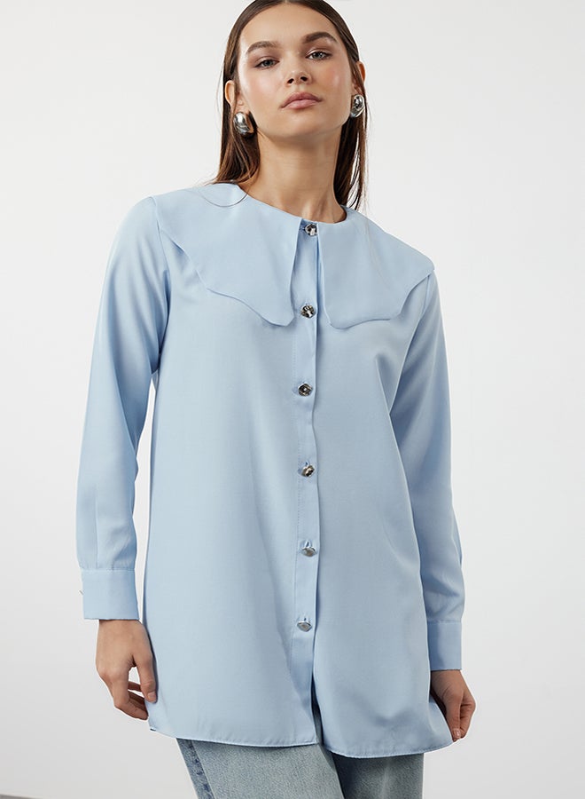 trendyol Light Blue Silver Button Detailed Baby Collar Cotton Shirt TCTAW24TG00009 - Image 2