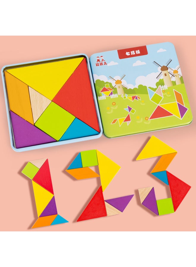 Loquat # Tangram First Grade Second Book Second Grade Kindergarten Pupils Intelligence Puzzle Math Teaching Aaids-Color:Beech Tangram—in Iron Box 【same Style As Textbook】 - Image 2