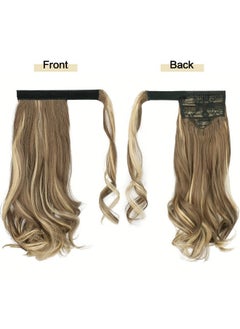 SOFEIYAN Curly Ponytail Extension 15 Inch Heat Resistant Synthetic Natural Wavy Hairpiece Wrap Around Pony Tail Hair Extensions For White Black Women Hair Piece, Ash Brown Highlighted Bleach Blonde  - Image 2