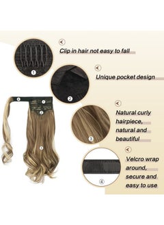 SOFEIYAN Curly Ponytail Extension 15 Inch Heat Resistant Synthetic Natural Wavy Hairpiece Wrap Around Pony Tail Hair Extensions For White Black Women Hair Piece, Ash Brown Highlighted Bleach Blonde  - Image 4