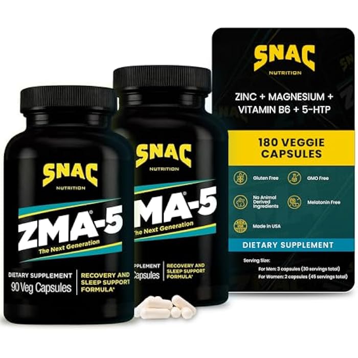 SNAC ZMA-5 Mineral Supplement - Supports Muscle Function, Restful Sleep, Immune Health & Relaxation with Zinc, Vitamin B6, Magnesium & 5-HTP for Sleep, Anxiety, Calmness - 180 Veggie Capsules (2 Pack) - Image 1