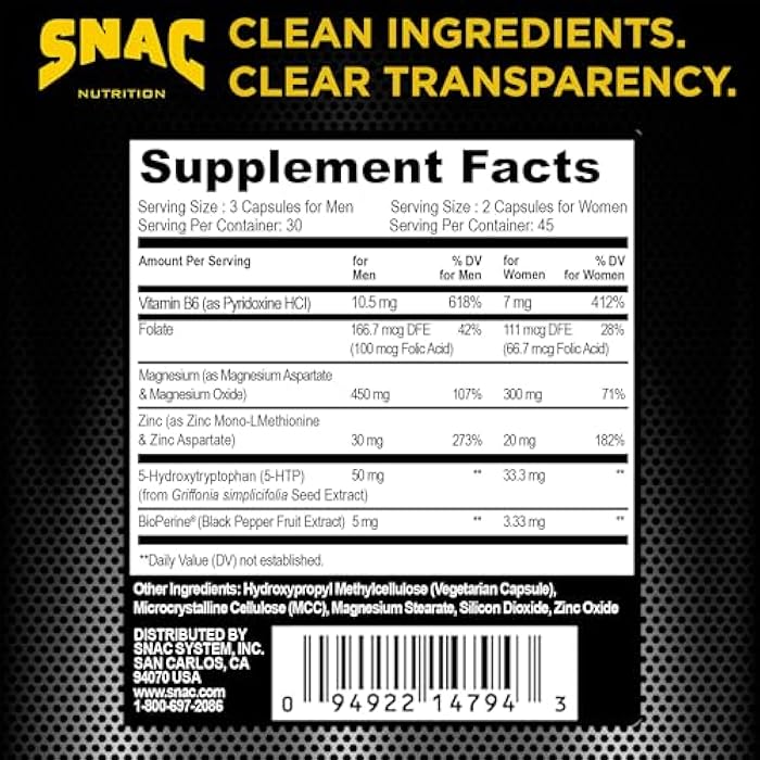 SNAC ZMA-5 Mineral Supplement - Supports Muscle Function, Restful Sleep, Immune Health & Relaxation with Zinc, Vitamin B6, Magnesium & 5-HTP for Sleep, Anxiety, Calmness - 180 Veggie Capsules (2 Pack) - Image 2