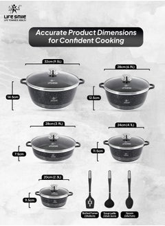 Life Smile 13Pcs Cookware Set Granite Cooking Pots And Pans- Non-Stick Cookwares Silicone Handles Tempered Glass Lids PFOA Free 1xShallow Pots , 4xSoup Pot,1xSpoon,1xSoup ladle ,1xSlotted Turner Casserole Set,Black  - Image 3