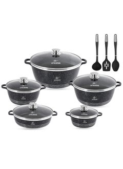 Life Smile 13Pcs Cookware Set Granite Cooking Pots And Pans- Non-Stick Cookwares Silicone Handles Tempered Glass Lids PFOA Free 1xShallow Pots , 4xSoup Pot,1xSpoon,1xSoup ladle ,1xSlotted Turner Casserole Set,Black  - Image 1