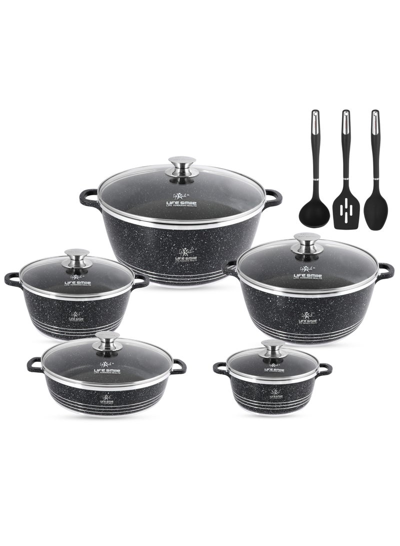 Life Smile طقم أواني طهي من الجرانيت 13 قطعة، طقم أواني غير لاصقة مع حافة من الفولاذ المقاوم للصدأ - يتضمن طقم الطهي 20/24/28/32 سم من الأواني مع غطاء، وأواني ضحلة 28 سم مع غطاء و3 ملاعق مطبخ سيليكون. - Image 1