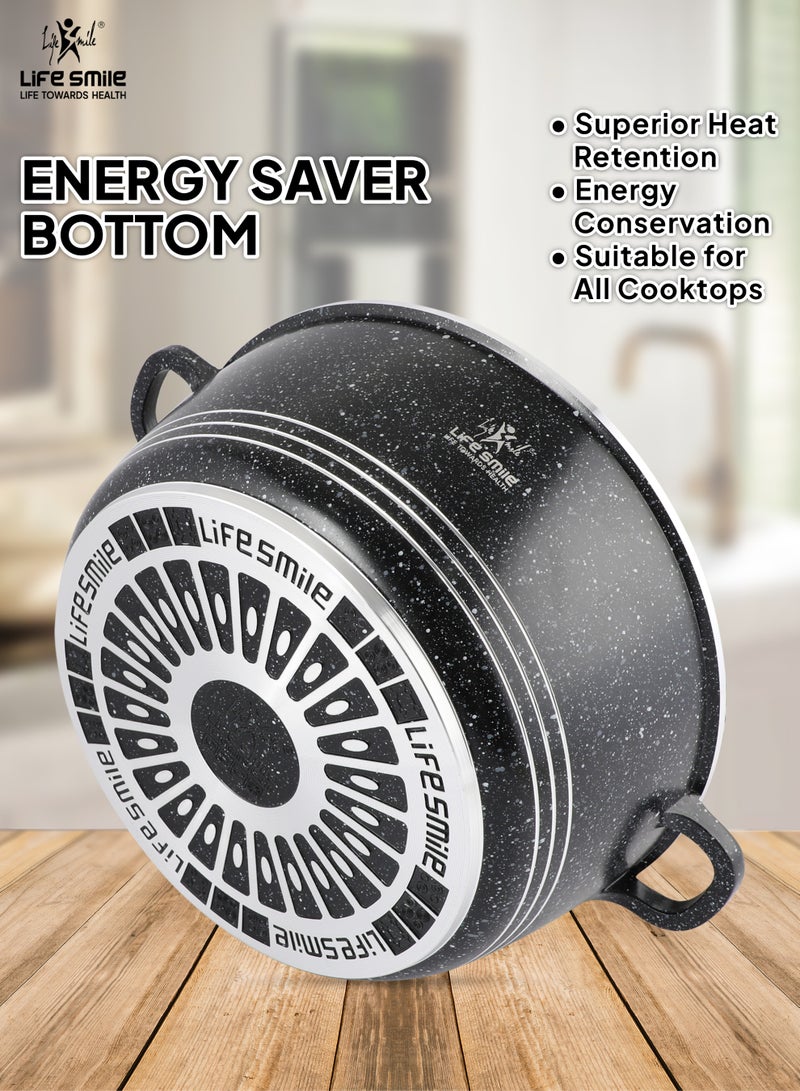 Life Smile طقم أواني طهي من الجرانيت 13 قطعة، طقم أواني غير لاصقة مع حافة من الفولاذ المقاوم للصدأ - يتضمن طقم الطهي 20/24/28/32 سم من الأواني مع غطاء، وأواني ضحلة 28 سم مع غطاء و3 ملاعق مطبخ سيليكون. - Image 2