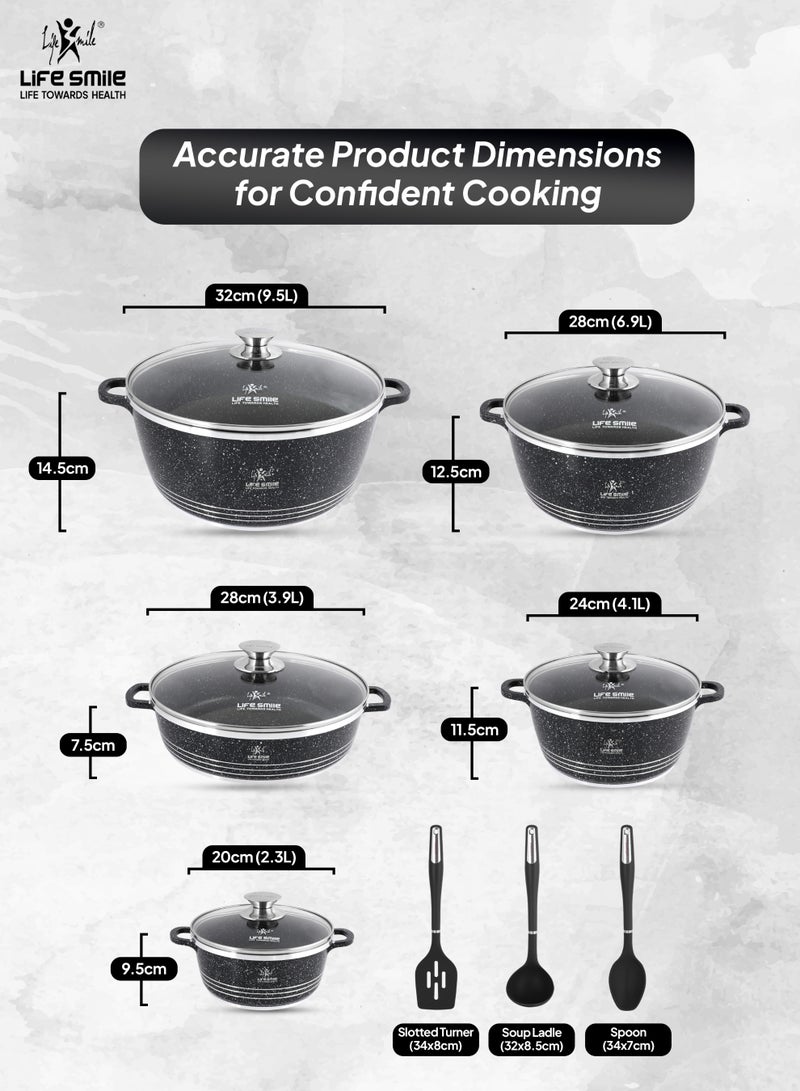 Life Smile طقم أواني طهي من الجرانيت 13 قطعة، طقم أواني غير لاصقة مع حافة من الفولاذ المقاوم للصدأ - يتضمن طقم الطهي 20/24/28/32 سم من الأواني مع غطاء، وأواني ضحلة 28 سم مع غطاء و3 ملاعق مطبخ سيليكون. - Image 3