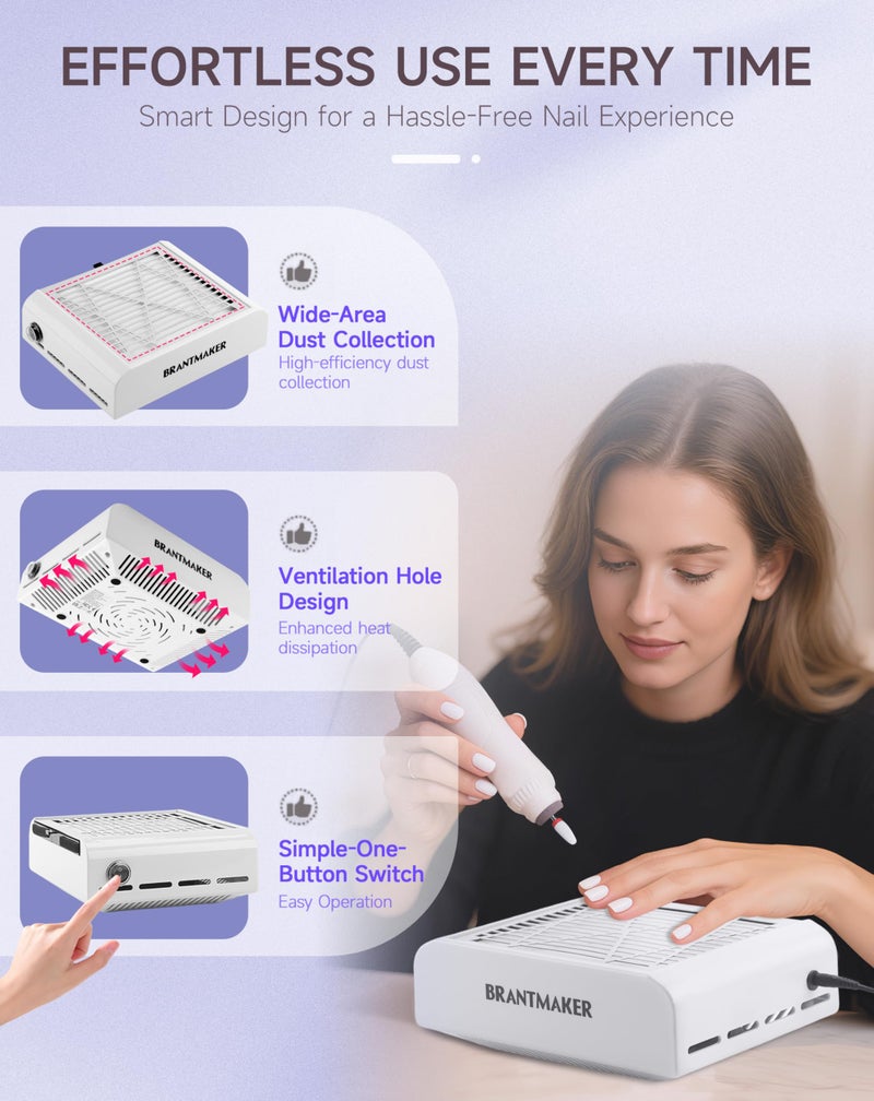 BRANTMAKER Nail Dust collector with Brush and 2 Reusable Filters, 60W Vacuum Dust Fan for Acrylic Nails (White) - Image 4