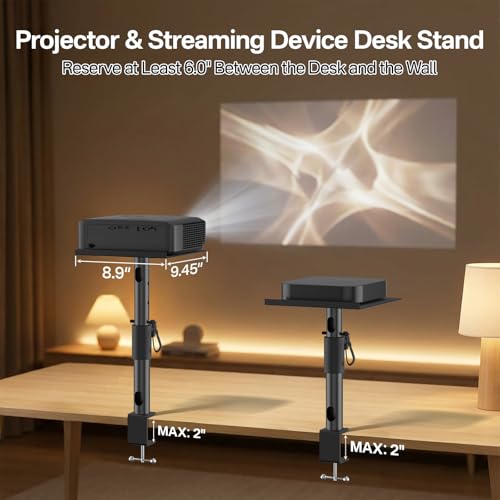 Yibracki 2-Pack Adjustable Clamp On Projector Stand Table, Heavy Duty 40 lbs Each, Dual Utility Tabletop Stands for Projector & Streaming Device, Gaming Console, Laptop – Home Theater & Office Setup - Image 2