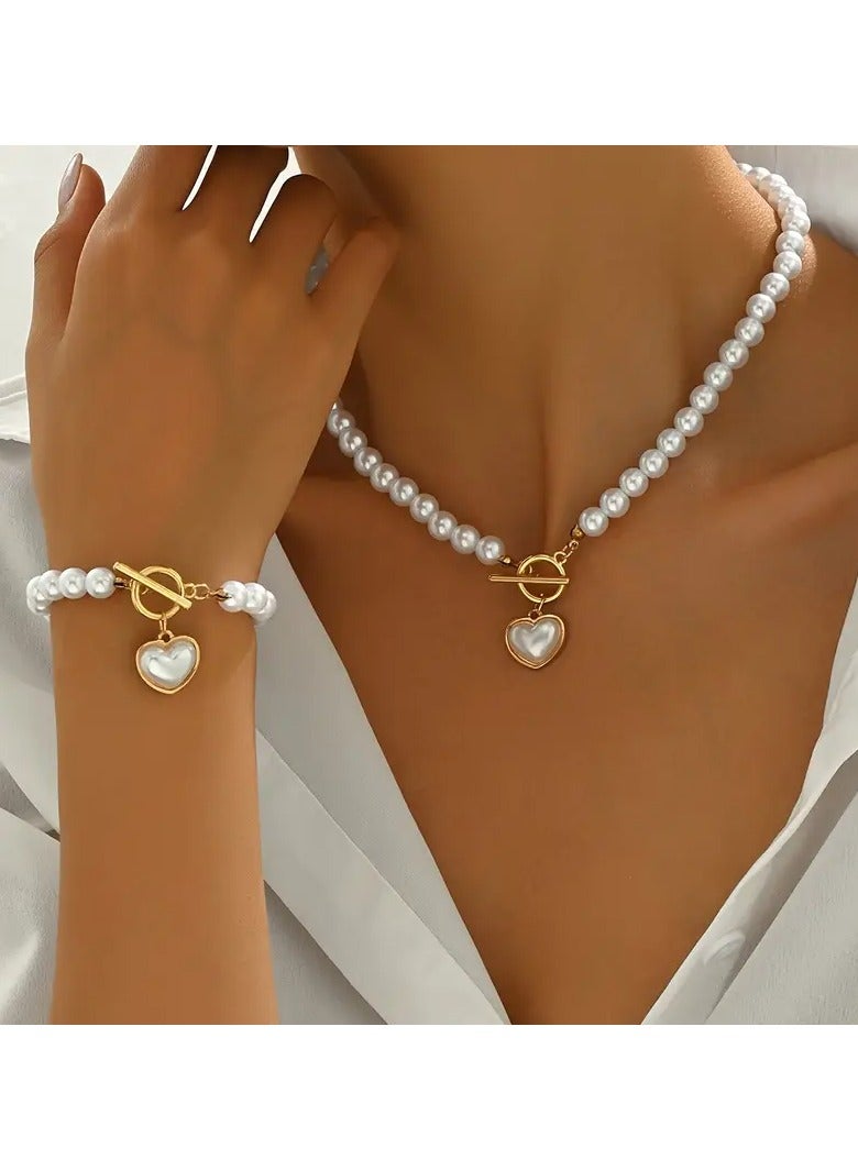 جلوسكي مجموعة مجوهرات اللؤلؤ الأنيقة على الطراز الفرنسي-قطعتين من الاكريليك قلادة وأسوار مجموعة للمناسبات اليومية والحفلات ، بدون فسيفساء ، متوافقة في جميع المواسم - Image 1