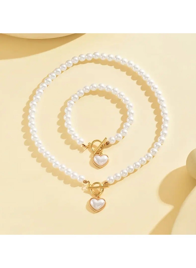 جلوسكي مجموعة مجوهرات اللؤلؤ الأنيقة على الطراز الفرنسي-قطعتين من الاكريليك قلادة وأسوار مجموعة للمناسبات اليومية والحفلات ، بدون فسيفساء ، متوافقة في جميع المواسم - Image 2