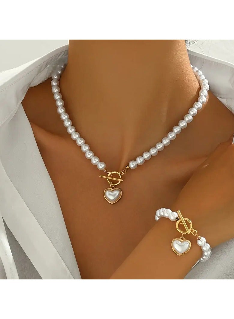 جلوسكي مجموعة مجوهرات اللؤلؤ الأنيقة على الطراز الفرنسي-قطعتين من الاكريليك قلادة وأسوار مجموعة للمناسبات اليومية والحفلات ، بدون فسيفساء ، متوافقة في جميع المواسم - Image 3