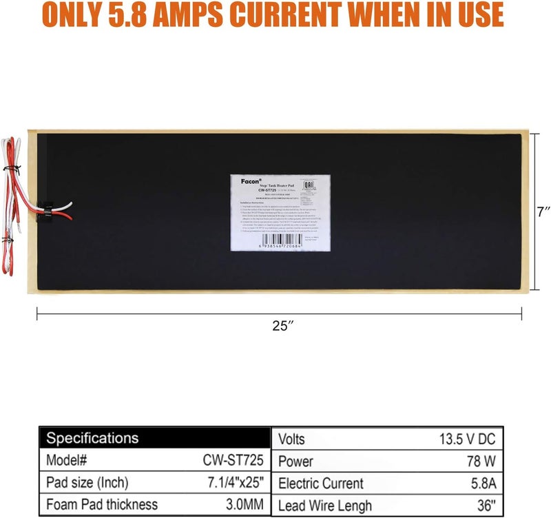 FACON 7-1/4" x 25" 12V RV Tank Heater Pad with Automatic Thermostat, RV Water Tank Heating Pads, Prevents Freezing for Fresh, Grey, Black Water Tanks, Up to 50 Gallons, QAI Certified - Image 3