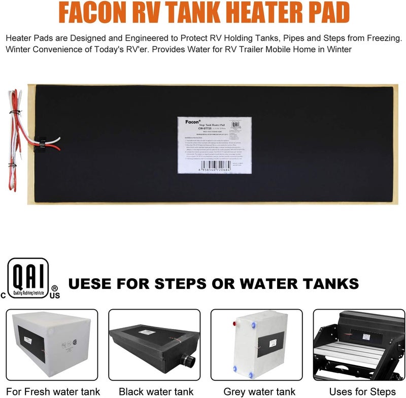FACON 7-1/4" x 25" 12V RV Tank Heater Pad with Automatic Thermostat, RV Water Tank Heating Pads, Prevents Freezing for Fresh, Grey, Black Water Tanks, Up to 50 Gallons, QAI Certified - Image 5