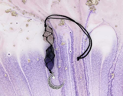 BOHO GARDEN Crystal Hanging Car Charm - Purple Rear View Mirror Hanging Car Accessories for Women, Moon Decor Hanging Ornament, Witchy Gifts and Healing Stones - Rose Quartz & Amethyst - Image 5