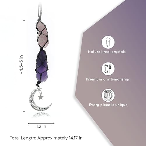 BOHO GARDEN Crystal Hanging Car Charm - Purple Rear View Mirror Hanging Car Accessories for Women, Moon Decor Hanging Ornament, Witchy Gifts and Healing Stones - Rose Quartz & Amethyst - Image 3
