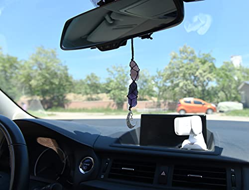 BOHO GARDEN Crystal Hanging Car Charm - Purple Rear View Mirror Hanging Car Accessories for Women, Moon Decor Hanging Ornament, Witchy Gifts and Healing Stones - Rose Quartz & Amethyst - Image 4
