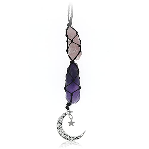 BOHO GARDEN Crystal Hanging Car Charm - Purple Rear View Mirror Hanging Car Accessories for Women, Moon Decor Hanging Ornament, Witchy Gifts and Healing Stones - Rose Quartz & Amethyst - Image 1