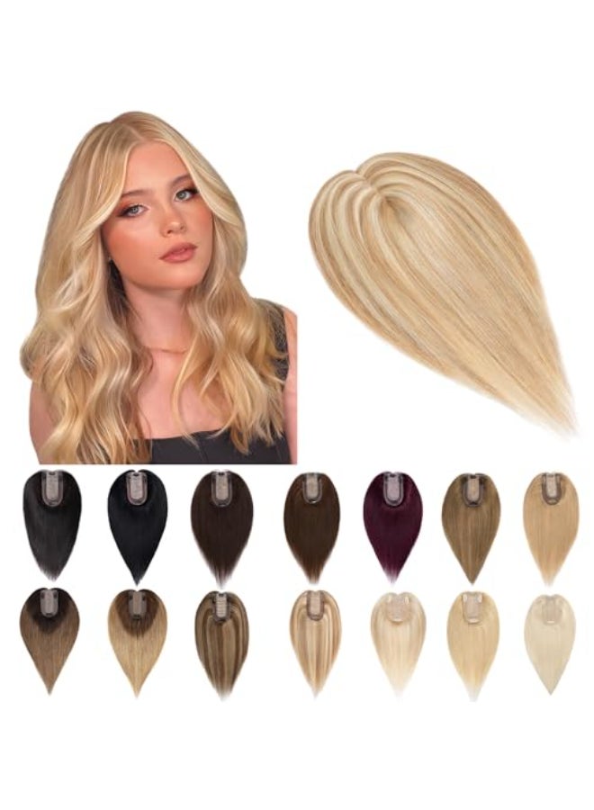 SEGO Human Hair Toppers for Women With Thinning Hair 7 13CM Silk Base 100 Real Human Hair Clip in Top Wiglet Hairpieces 8 Inch No Bangs Golden BrownBleach Blonde - Image 1