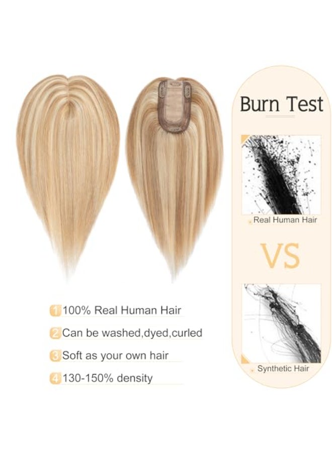 SEGO Human Hair Toppers for Women With Thinning Hair 7 13CM Silk Base 100 Real Human Hair Clip in Top Wiglet Hairpieces 8 Inch No Bangs Golden BrownBleach Blonde - Image 3