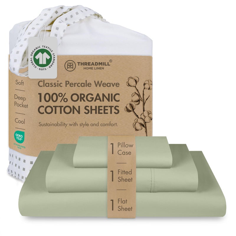 Threadmill 100 Organic Cotton Twin Sheet Set GOTS Certified 3 Piece Sage Green Soft and Breathable Sheets with AllRound Elastic Deep Pocket for Snug Fit Healthy Bedding Set