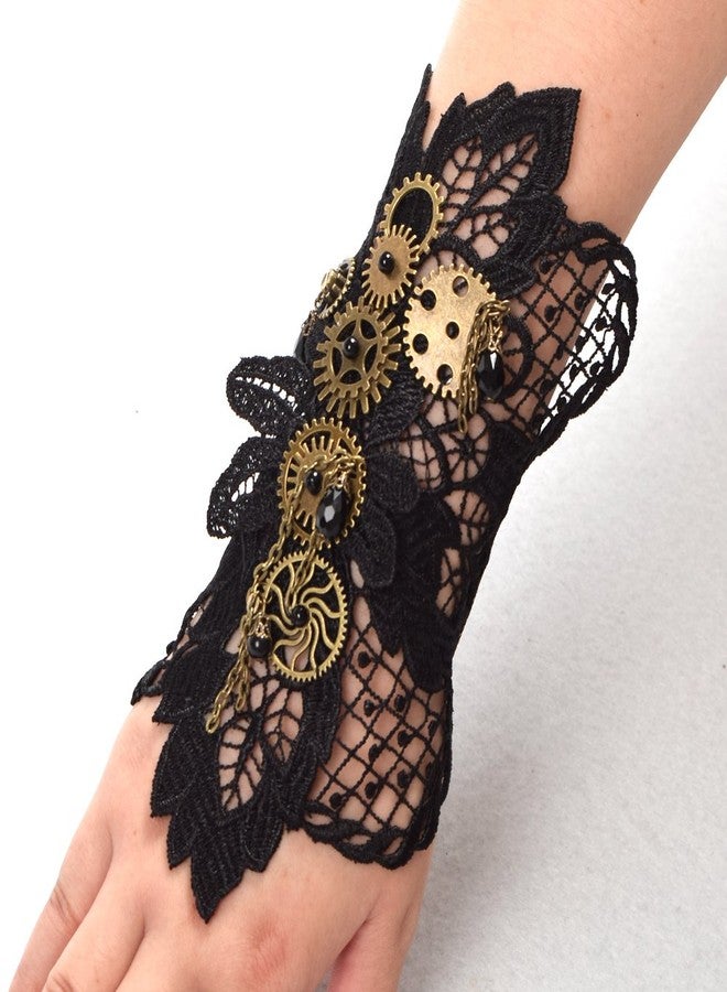 BLESSUME Steampunk Lace Wrist Cuff Bracelet with Gears (Black 2(1pc)) - Image 3