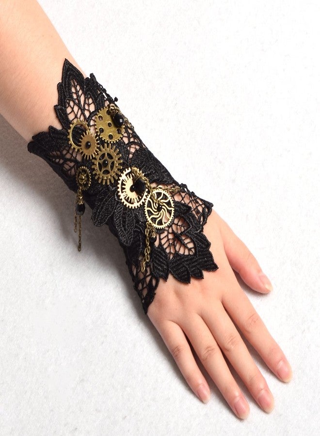 BLESSUME Steampunk Lace Wrist Cuff Bracelet with Gears (Black 2(1pc)) - Image 2