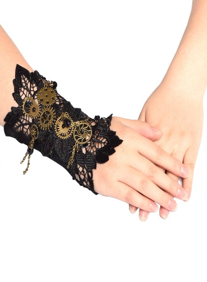 BLESSUME Steampunk Lace Wrist Cuff Bracelet with Gears (Black 2(1pc)) - Image 1