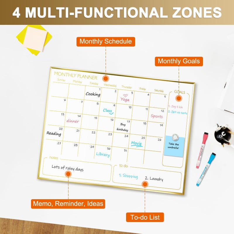 QUEENLINK Dry Erase Calendar Whiteboard for Wall, 24'' x 18'' Monthly White Board Planner with Gold Frame, Magetic Hanging Wipe Board for Home Office School Dorm - Image 2