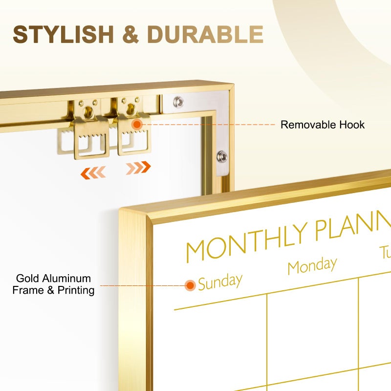 QUEENLINK Dry Erase Calendar Whiteboard for Wall, 24'' x 18'' Monthly White Board Planner with Gold Frame, Magetic Hanging Wipe Board for Home Office School Dorm - Image 3