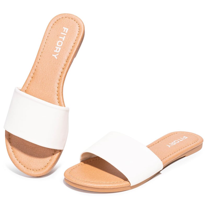 FITORY Women's Slide Sandals Fashion Round Toe With Classic Single Strap Slippers for Summer White Size 7.5 - Image 1