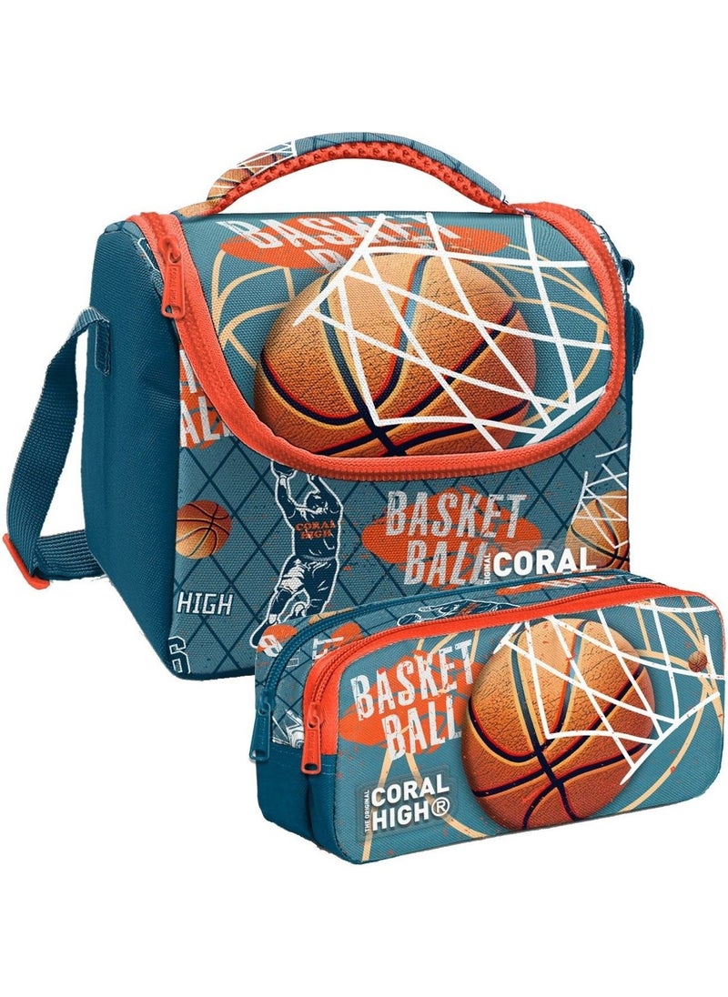 CORAL HIGH Dark Orange Basketball Patterned Boy Thermal Insulated Lunch Bag and Pencil Case Set  - Image 1