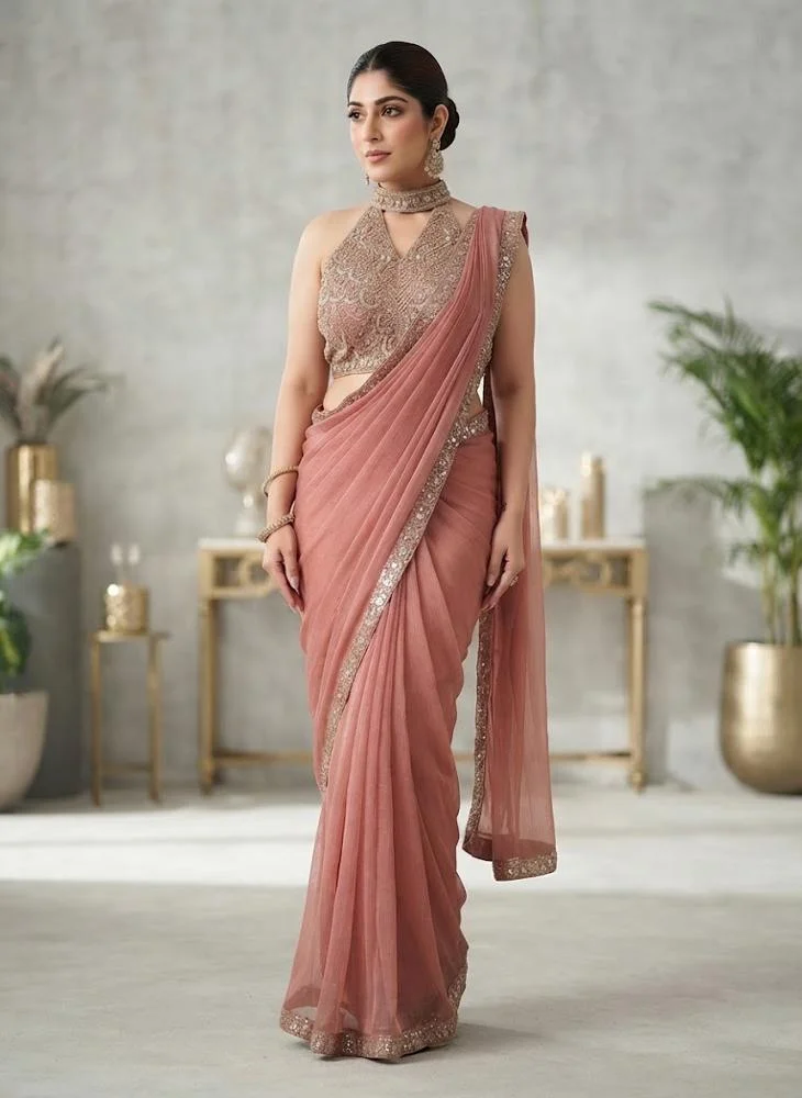 Viny VINY Dusty Rose 2-Piece Sequin Embellished Saree Set – Women's Indian Ethnic Wear