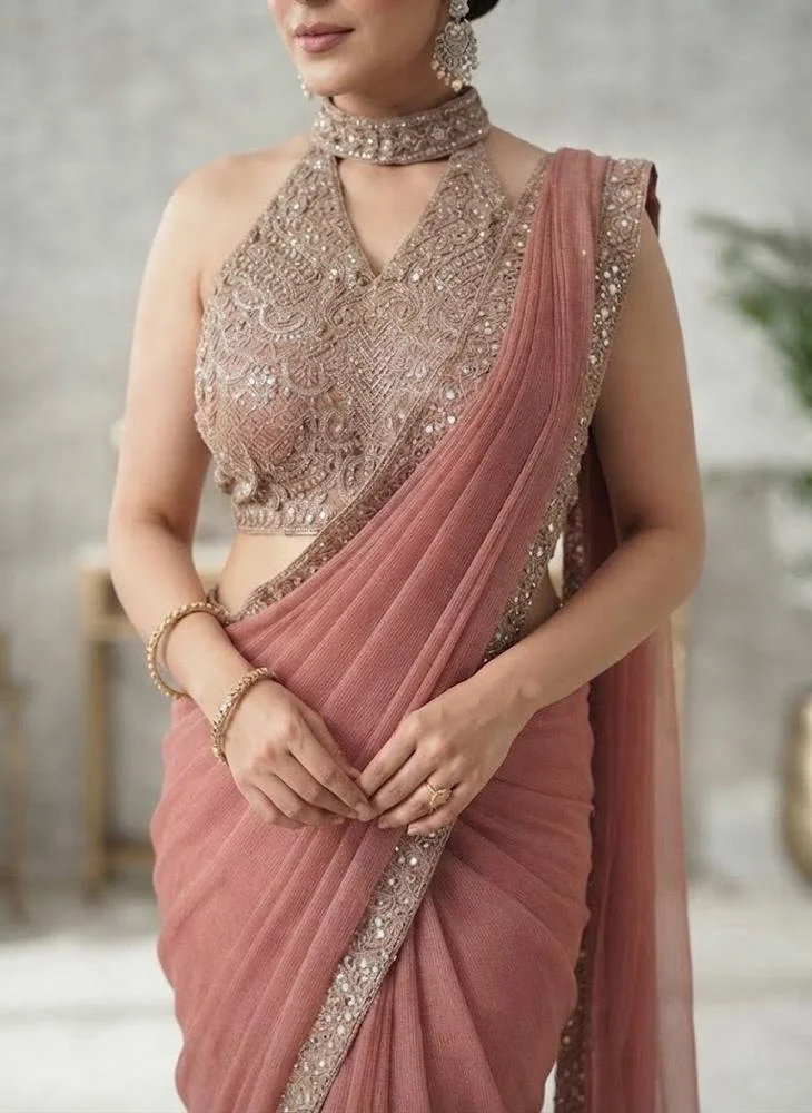Viny  VINY Dusty Rose 2-Piece Sequin Embellished Saree Set – Women's Indian Ethnic Wear for Women | Best Price UAE