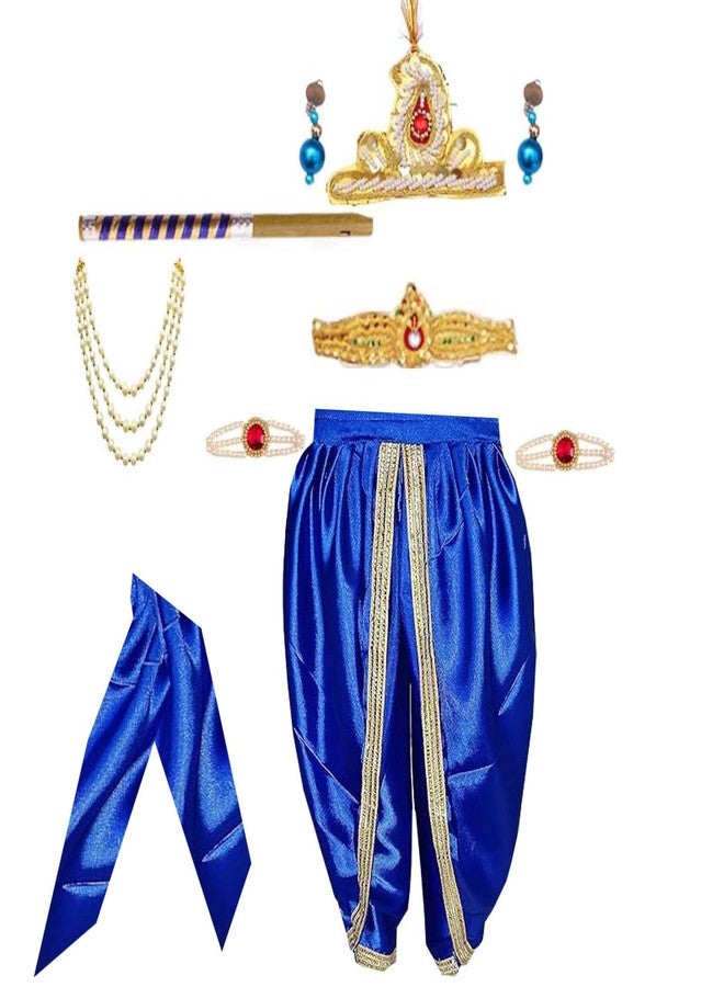 CHRISLEY ENTERPRISES Krishna dress for kids | dhoti, bansuri, mukut, bandhni patka kundal | janmashtami, kanha krishnaleela costume, infant bal gopal, krishna fancy dress (7-8 years, Blue dhoti)