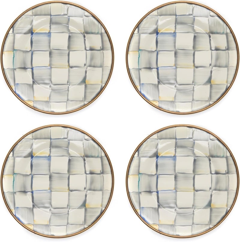 mackenzie childs MACKENZIECHILDS Set of 4 Enamel Appetizer Plates Mini Dessert Plates 5 Inches GrayandWhite Sterling Check - Image 1