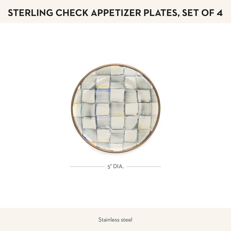 mackenzie childs MACKENZIECHILDS Set of 4 Enamel Appetizer Plates Mini Dessert Plates 5 Inches GrayandWhite Sterling Check - Image 4
