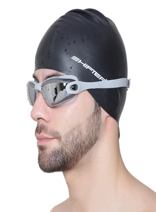 Shifter Premium Swimming Cap & Swimming Goggle Set,Antifog Mirrored Swim Goggles for Men Women Boys & Girls,Soft Silicone Swim Cap for Long & Short Hair (Black-Silver) - Image 1