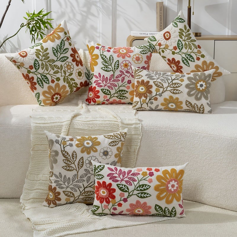 Grey Linen Braid Floral Throw Pillow Cover Spring Summer Embroidery - Image 1
