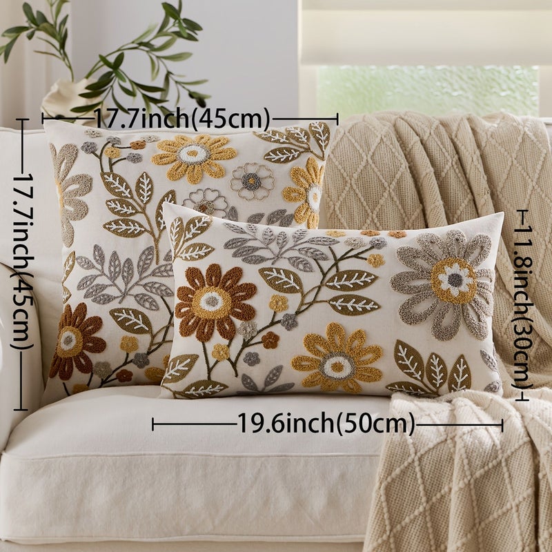 Grey Linen Braid Floral Throw Pillow Cover Spring Summer Embroidery - Image 3