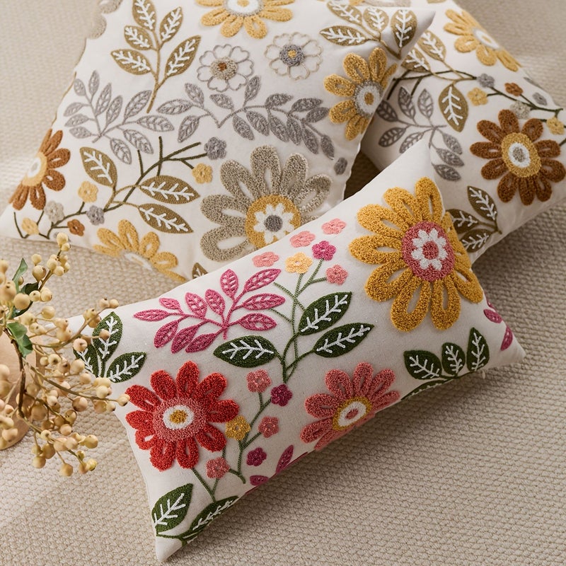 Grey Linen Braid Floral Throw Pillow Cover Spring Summer Embroidery - Image 5
