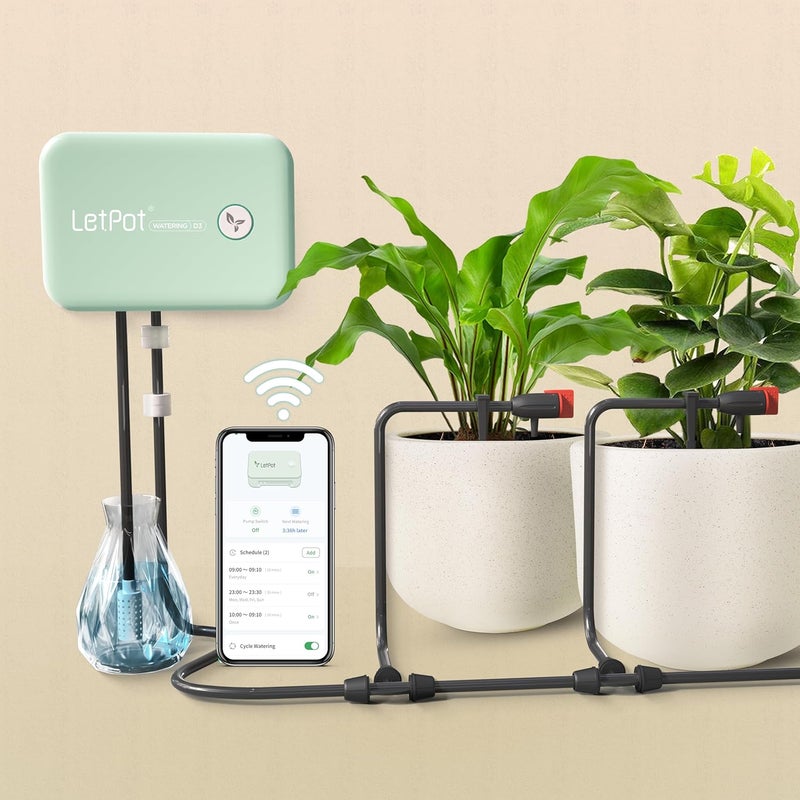 نظام الري التلقائي LetPot للنباتات المحفوظة في الأصص، [التحكم عبر Wi-Fi والتطبيق] مجموعة نظام الري بالتنقيط، أجهزة ري ذكية للنباتات الداخلية والخارجية، تنبيه نقص المياه، IPX66، أخضر - Image 1