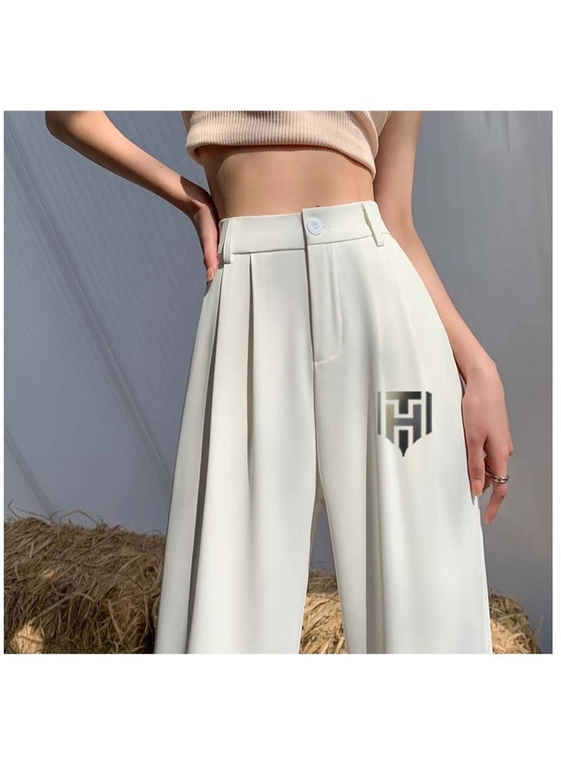 Huitich Women's Ice Silk Wide-Leg Pants High Waist, Loose Fit, White Size L  - Image 2