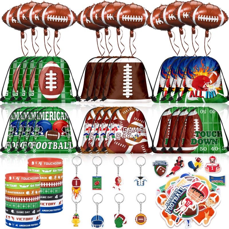 Locmeo 196 Pcs Football Party Favors Drawstring Bags Football Gift Goodie Bag Stuffers Wristband Keychains Sticker Balloon for Birthday Party Team Gift Rewards Supplies - Image 3