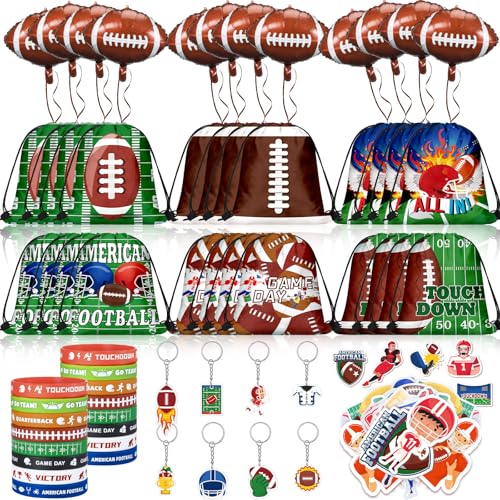 Locmeo 196 Pcs Football Party Favors Drawstring Bags Football Gift Goodie Bag Stuffers Wristband Keychains Sticker Balloon for Birthday Party Team Gift Rewards Supplies - Image 1