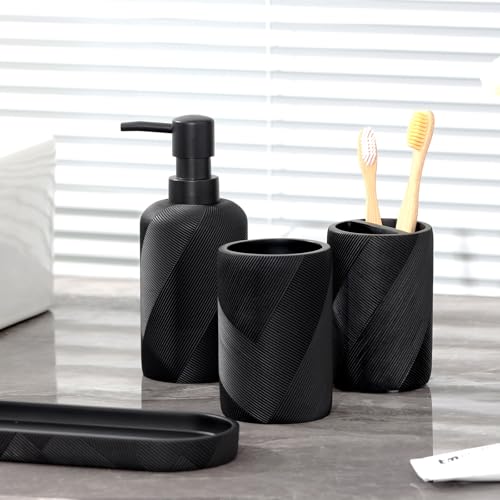 Haocoott Bathroom Accessories Set, Bathroom Organizer Countertop, Soap Dispenser and Toothbrush Holder, Mouthwash Cup, Tray Set, Vanity Tray for Bathroom, 4 Pieces Modern Decor (Matte Black) - Image 4