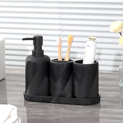 Haocoott Bathroom Accessories Set, Bathroom Organizer Countertop, Soap Dispenser and Toothbrush Holder, Mouthwash Cup, Tray Set, Vanity Tray for Bathroom, 4 Pieces Modern Decor (Matte Black) - Image 2