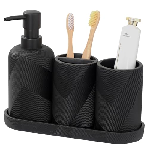 Haocoott Bathroom Accessories Set, Bathroom Organizer Countertop, Soap Dispenser and Toothbrush Holder, Mouthwash Cup, Tray Set, Vanity Tray for Bathroom, 4 Pieces Modern Decor (Matte Black) - Image 1