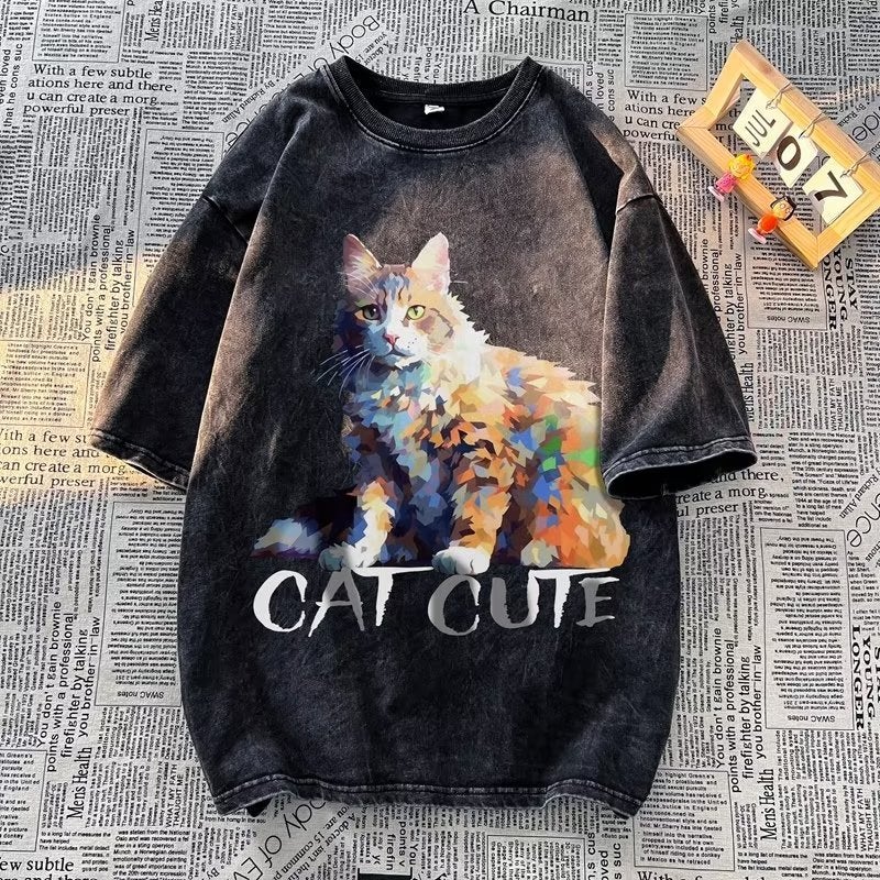Washed Distressed T-shirt Short-sleeved Men's Summer American Style Retro Design Sense Niche Printed Heavy Half-sleeved T-shirt - Image 2